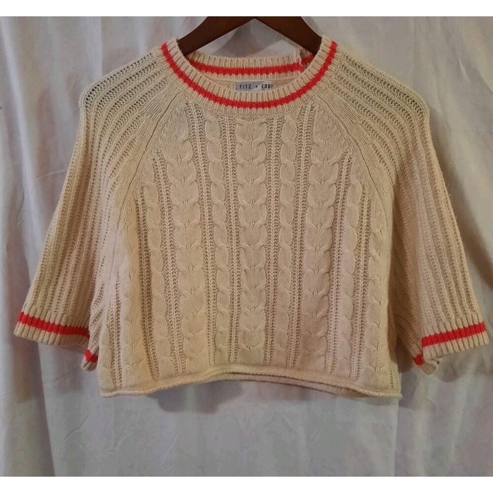 Fitz & Eddi Womens XS Boxy Cropped Cable Knit Sweater Cream/Orange Trim